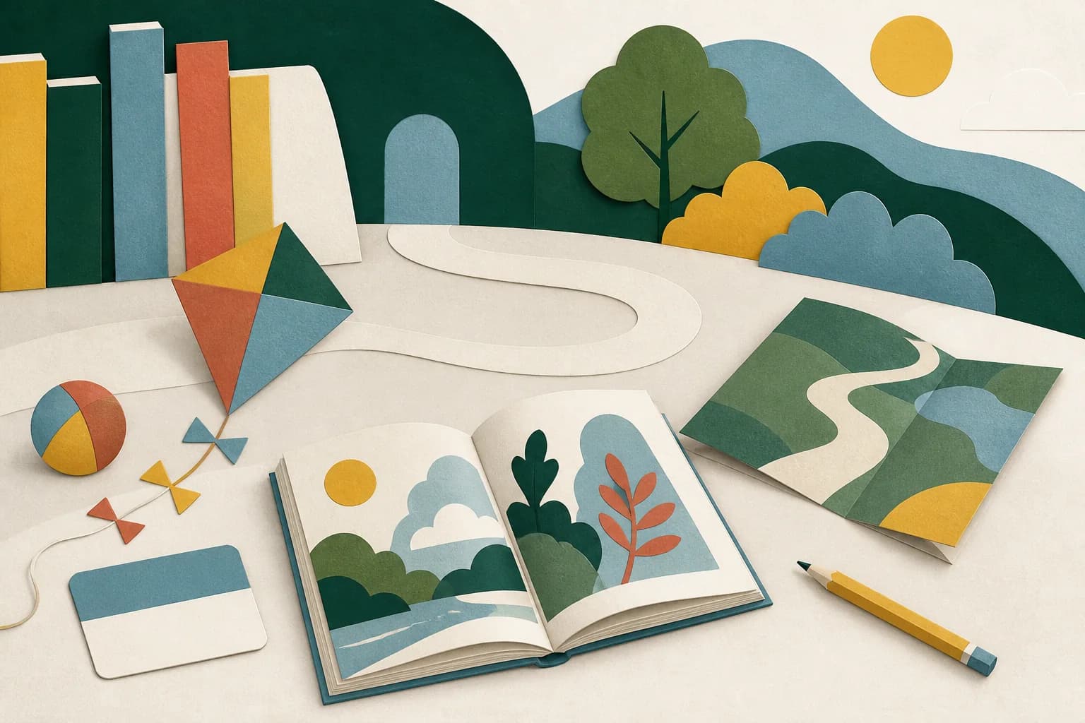 Editorial illustration of an open picture book, kite, ball, pencil, library card shape, and folded park-path sheet