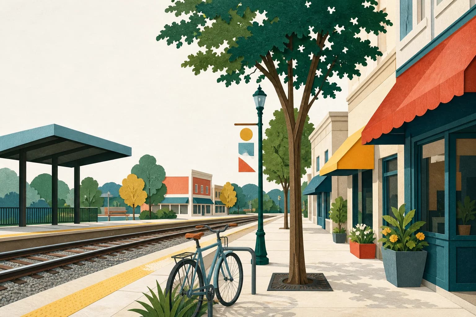 Interpretive editorial illustration of a small-town rail platform, storefronts, street trees, and a bicycle
