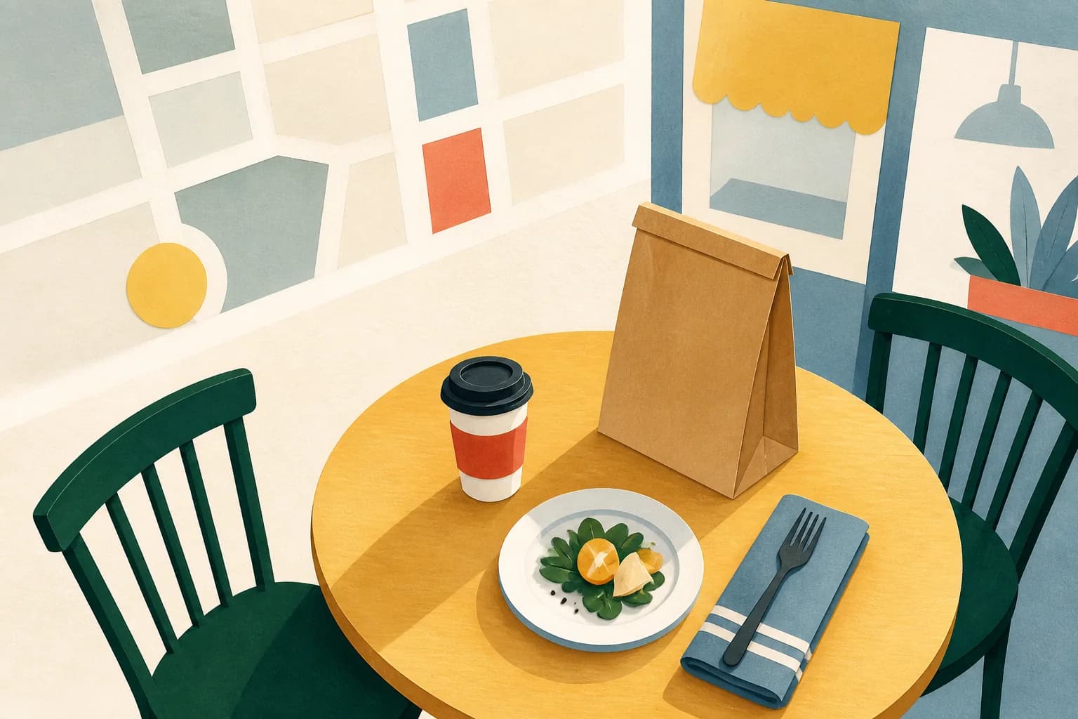 Editorial illustration of a neighborhood dining table with a takeout bag, coffee, plate, and two empty chairs