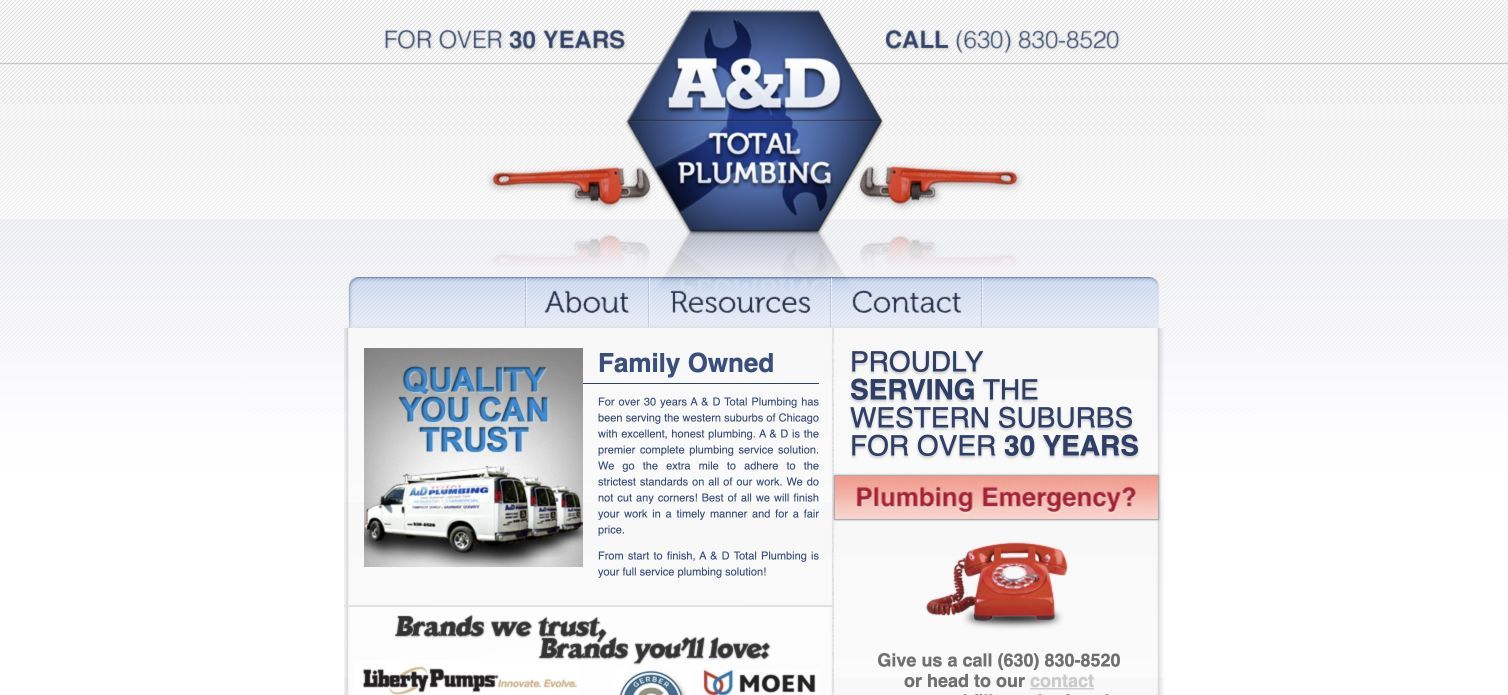 A & D Total Plumbing homepage with logo and family-owned service information