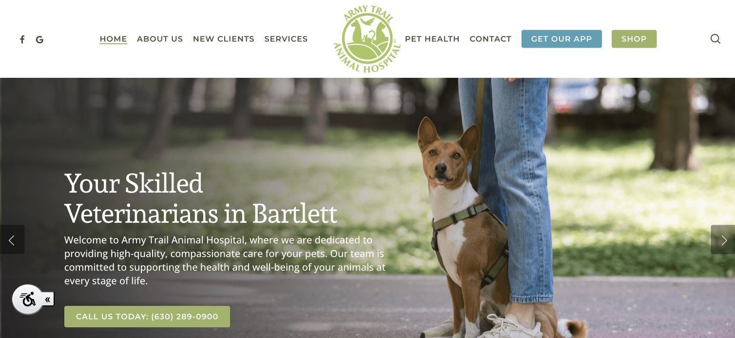 Army Trail Animal Hospital homepage with Bartlett veterinary branding and a dog