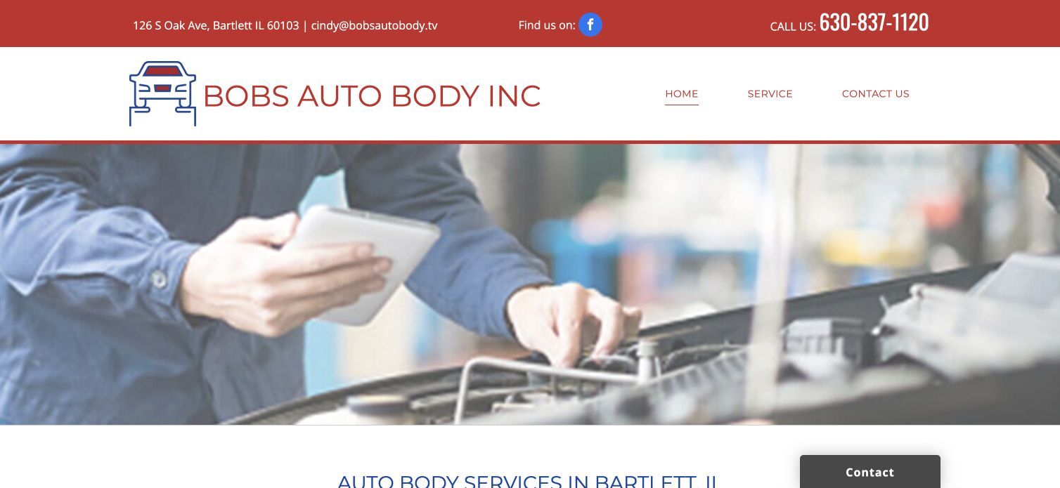 Bob’s Auto Body Bartlett homepage with shop branding and repair service image